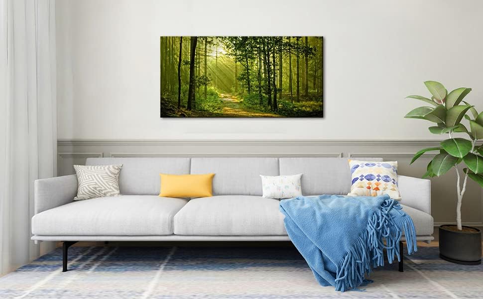Green Morning Sunlight Forest Scenery Canvas Wall Art for Bedroom Home,Beautiful Silent Summer Woods Picture Print Artwork Painting Decor,Mordern Realism Rustic Wilderness Landscape,Inner Frame 24x48