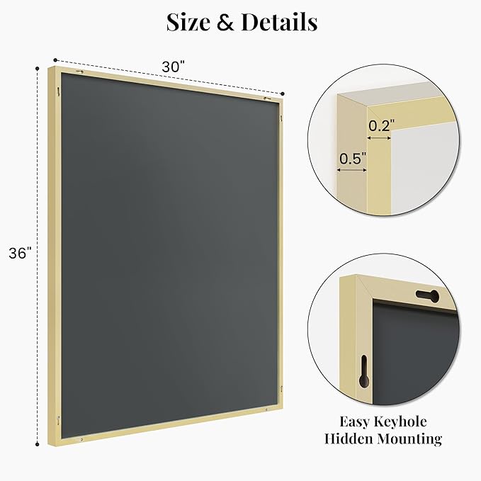 30"x36" Gold Bathroom Mirror for Wall, Metal Framed Vanity Mirror, Large