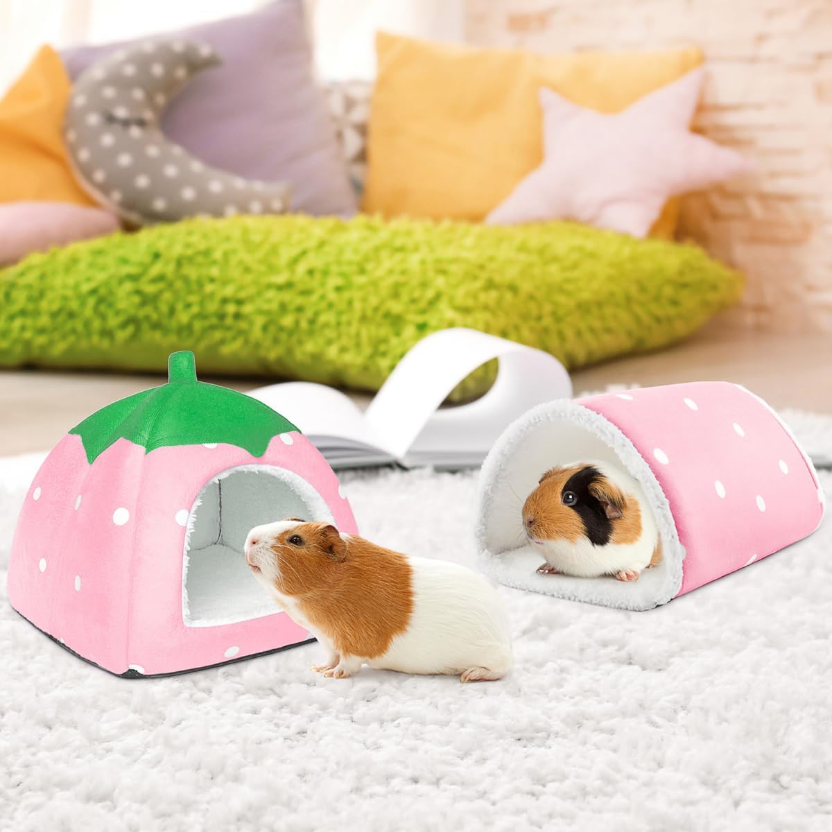 Guinea Pig Hideout with Tunnel, Washable Chinchilla House Bed, Fleece Hideaway, Enrichment Toys, and Cage Accessories for Ferret Hedgehog Small Animal