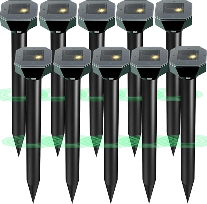 Snake & Mole & Rabbit & Skunk Repellent Solar Powered, Upgraded Ultrasonic Deterrent, IP65 Waterproof, Gopher Groundhog Chipmunk Raccoon and Vole Repellent & Deterrent for Lawn & Garden, 10 Pack
