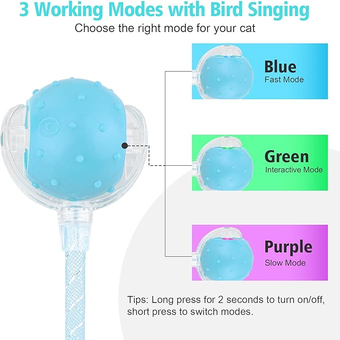 Interactive Cat Toys Ball for Indoor Cats, Automatic Agile Rolling Cat Ball with Elastic Mesh Tail, Bird Chirping & Motion Activated, 2 Tail Accessories, Kitten Toy for Bored (Blue)