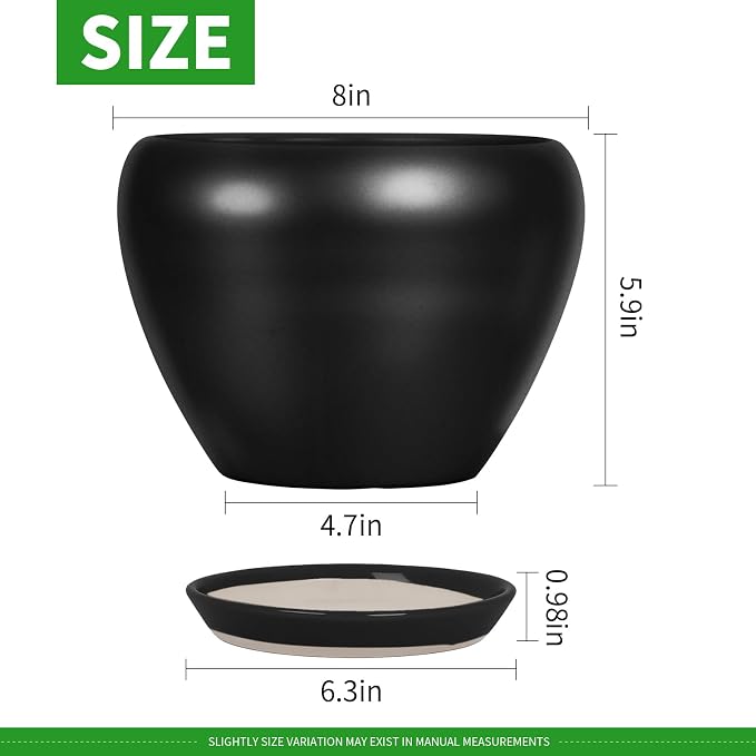 Deep Dream 8 Inch Plant Pot - Ceramic Pots for Plants with Drainage Hole and Trays, Modern Round Flower Pot, Planters for Indoor Outdoor Plants, Home Garden Decor, Black