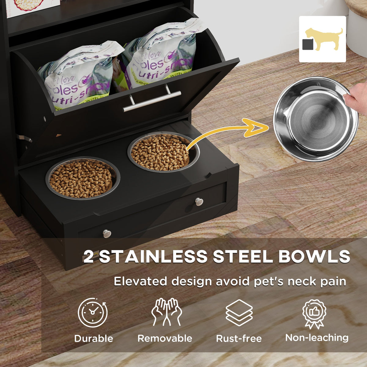 Pet Feeder Station Storage Cabinet, Dog Food Storage Container with Dog Raised Bowls, Watering Supplies, Black