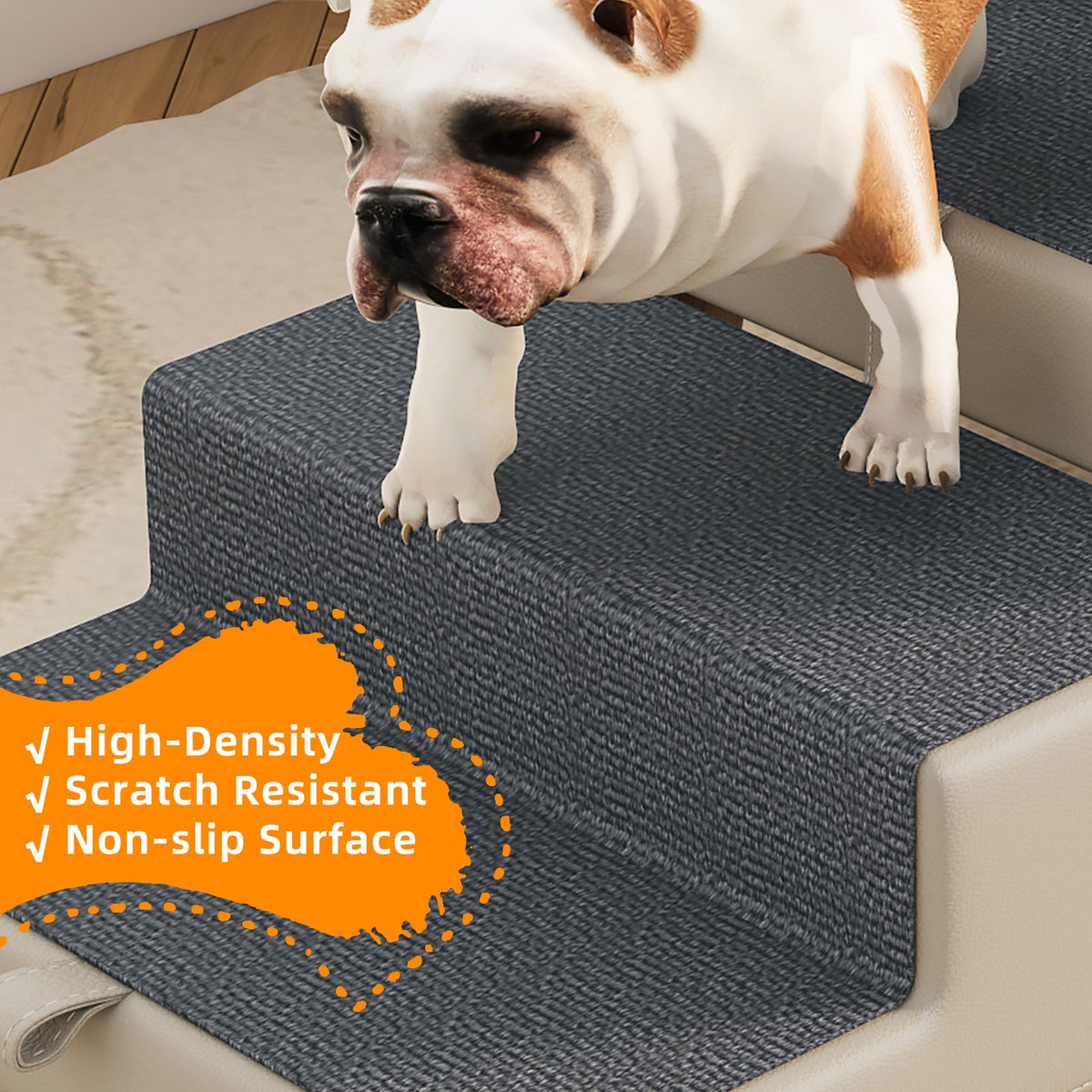 4-Step Ottoman Dog Stairs, 2-in-1 Foldable Pet Ramp for Bed,  Dog Ramp for Small Puppy and Cats, Sturdy Wood Frame Support with Non-slip walking surface, Holds Up To 220lbs ( Light Grey Color )