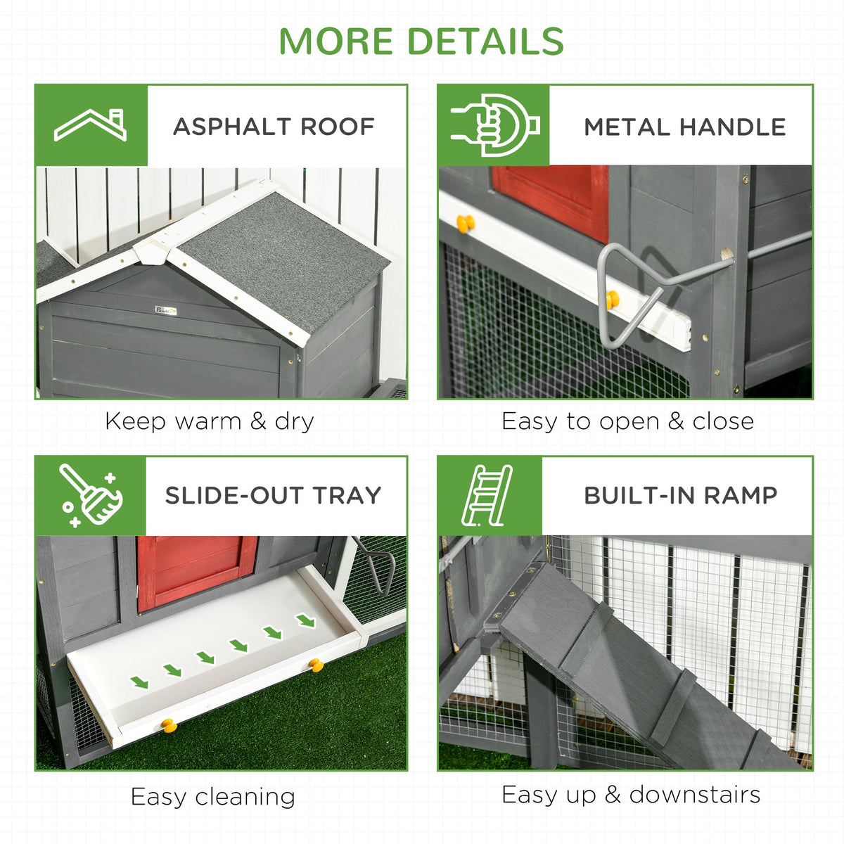 118" Extra Large Chicken Coop with Asphalt Roof, Wooden Hen Run with Slide-Out Tray and Nesting Box, Chicken Hutch for 3-6 Chickens, Gray