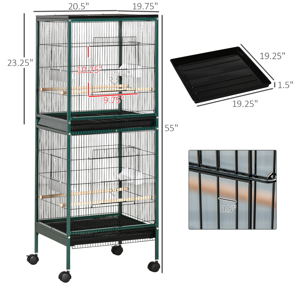 Large Bird Cage with 1.7 ft. Width for Wingspan, Bird Aviary Indoor with Multi-Door Design, Fit for a Canary, Finch, Conure, 55", Green