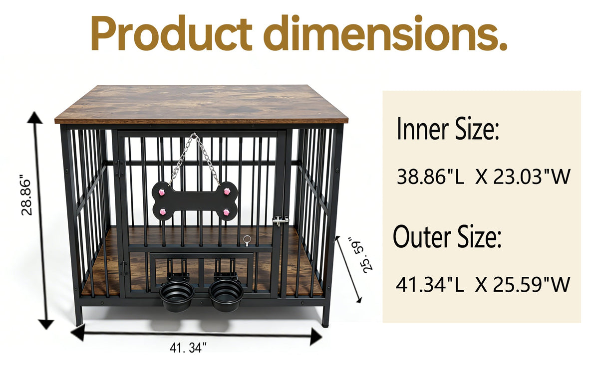 Vintage wood grain dog cage edge,360 degree rotating bowl with safety grade soft silicone material