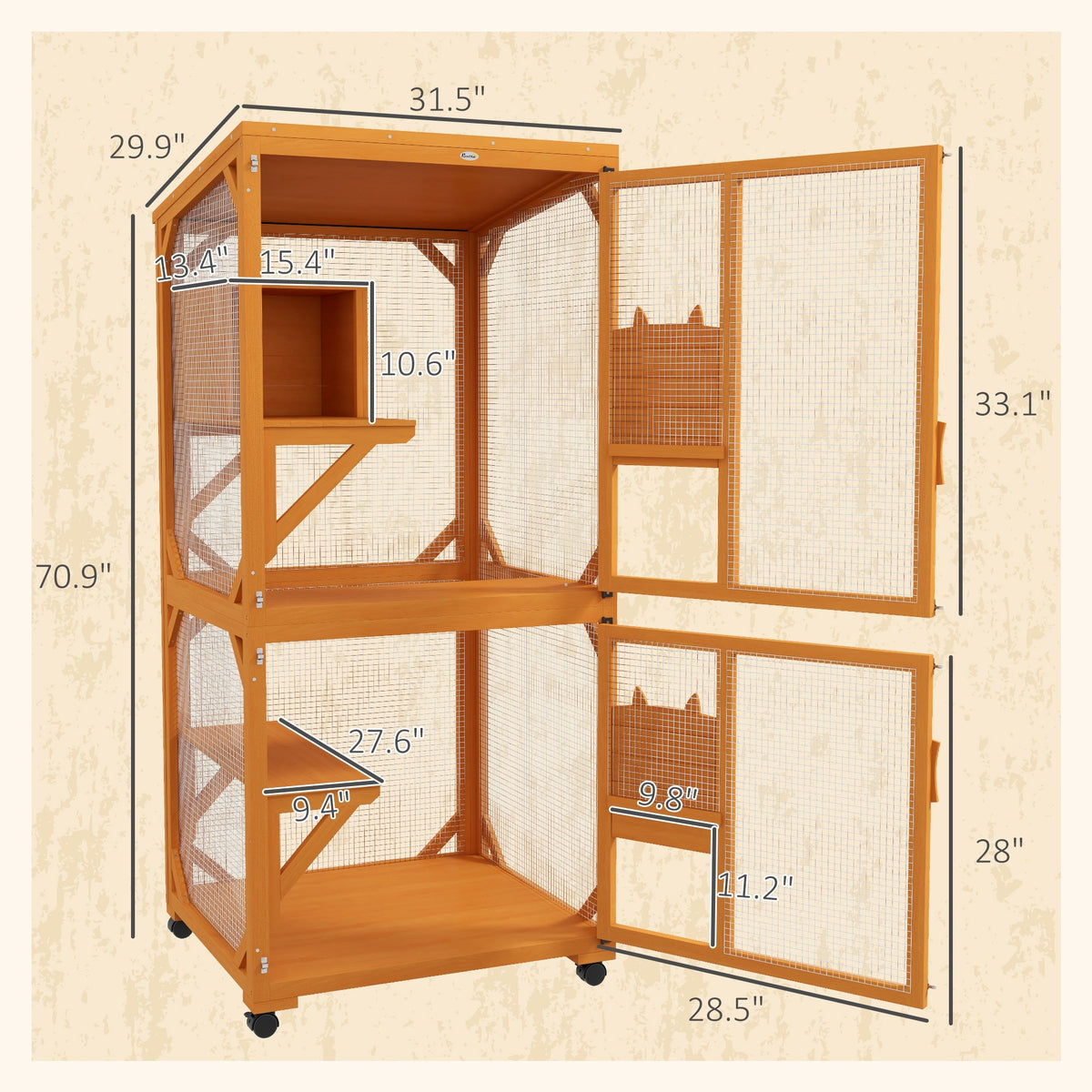 Large Cat House for 1-3 Cats on Wheels Wooden Catio Enclosure Orange