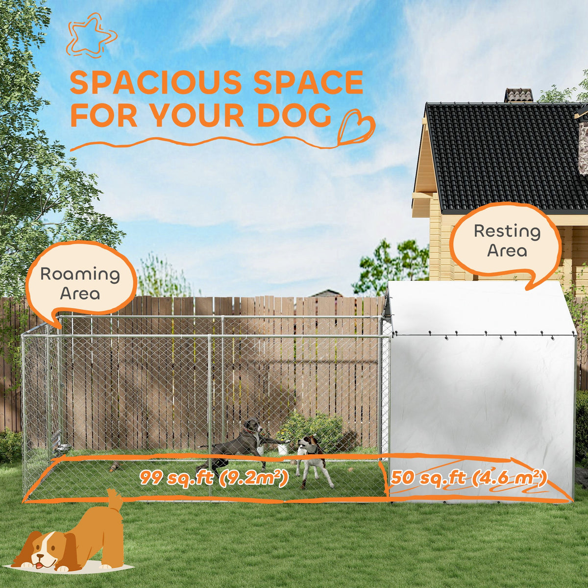 Galvanized Chain Link Large Outdoor Dog Kennel with Waterproof & UV-Resistant Cover, for M&L Dogs, 19.7 x 7.5 x 7.5