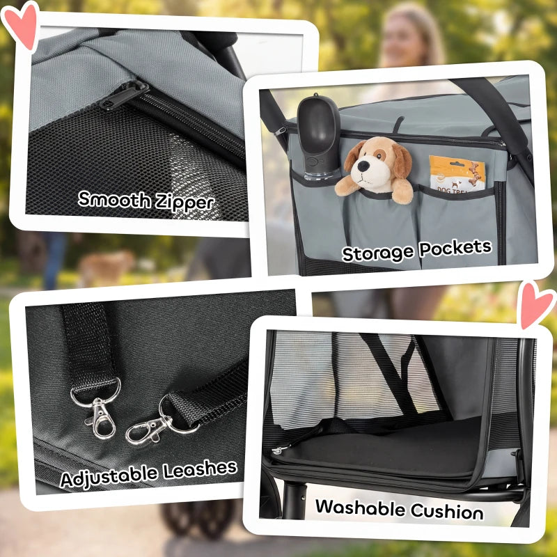 3 Wheel Pet Stroller With Easy One-Click Quick Fold, Mesh Window, Washable Cushion, For Medium Dogs, Gray