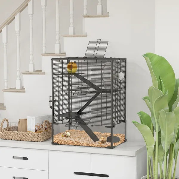 4 Tier Hamster Cage With Deep Tempered Glass Bottom, Running Wheel, Hut, Water Bottle, Food Dish