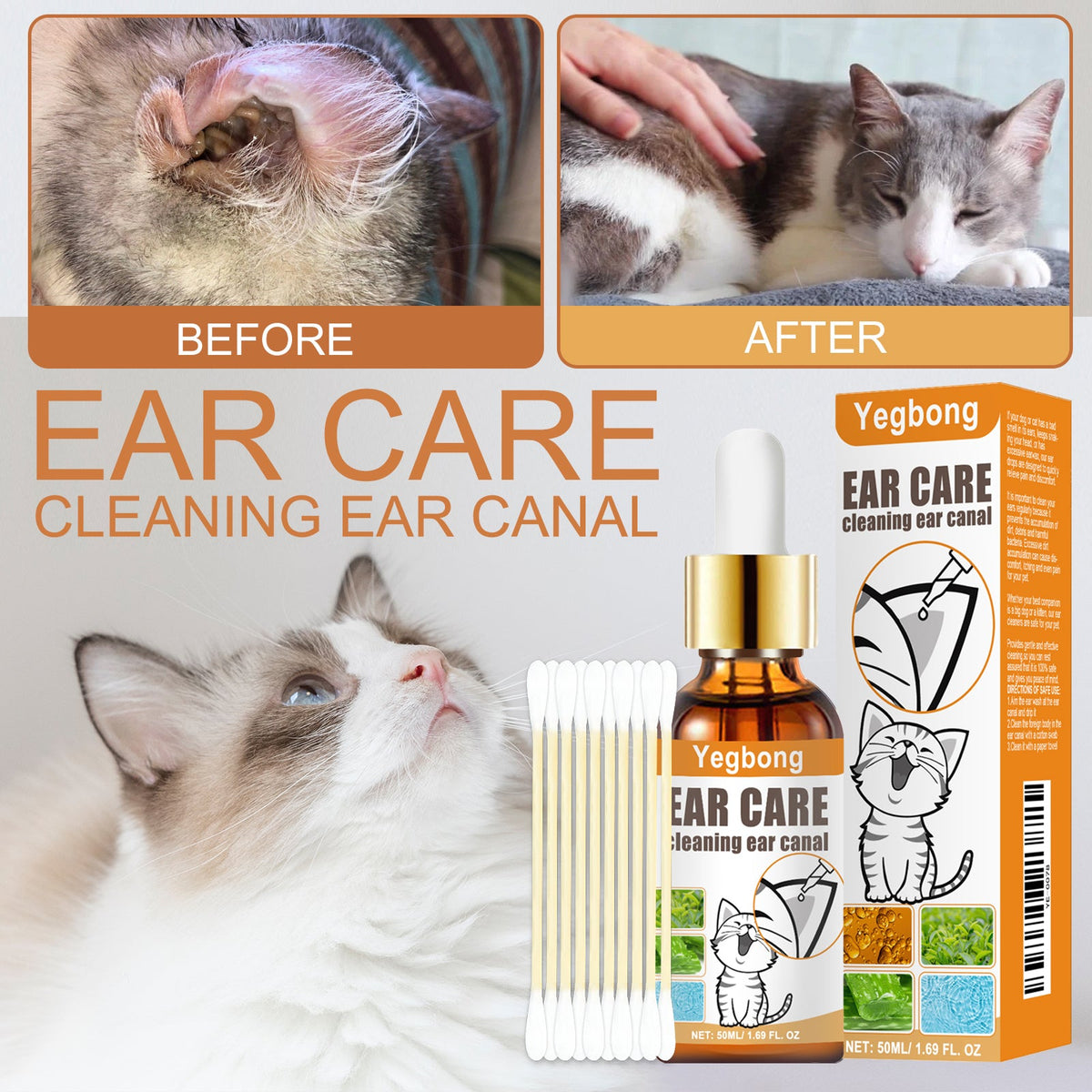 Pet Ear Cleaner Drops, Dog & Cat Ear Care Solution With Aloe, Glycerin & Tea Tree Oil, Gentle Ear Cleanser For Removing Dirt, Odor & Mites, 50ml