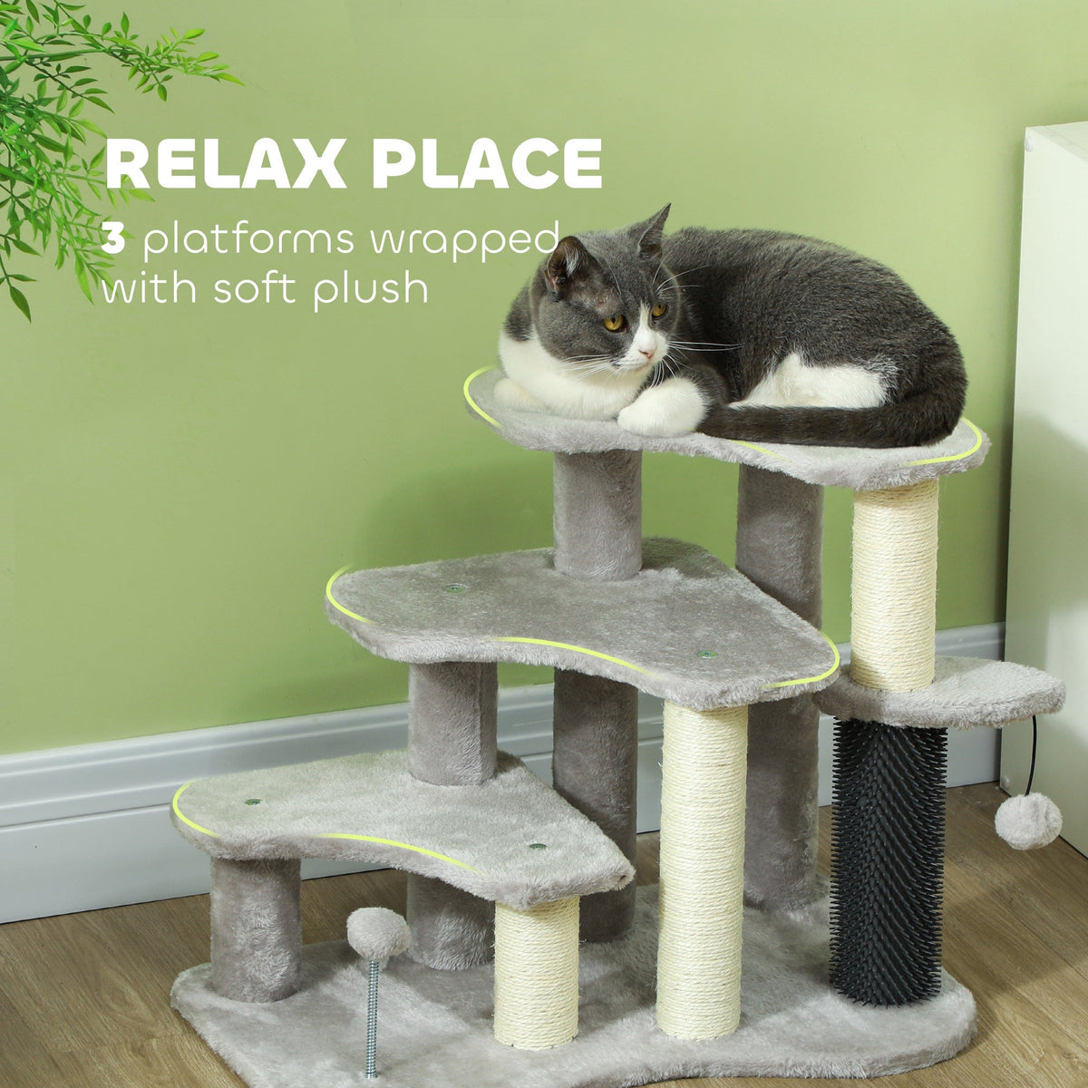 2 in 1 Cat Tree Tower 3-Step Pet Stairs with Scratching Posts, Tickling Post, Toy Balls, for High Beds, Couch