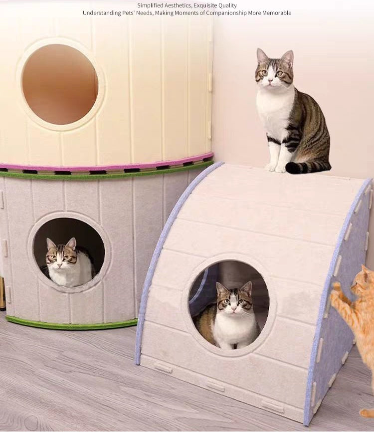 Four-Season Felt Fan-Shaped Cat Villa, Enclosed Large Scratch-Resistant Calming Pet Bed, Warm Deep Sleep Cat House For Multi-Cat Families Indoor Use