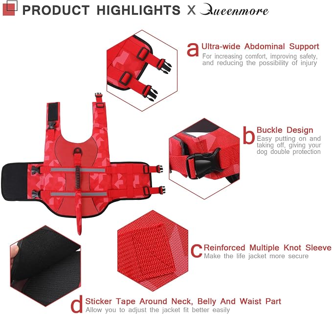 Shark Dog Life Jacket, LifeVests for Boating, High Buoyant Dog Life Vest for Swimming, Adjustable Easy On Pet Jackets for Small, Medium, Large Dogs (Red Triangle,L)