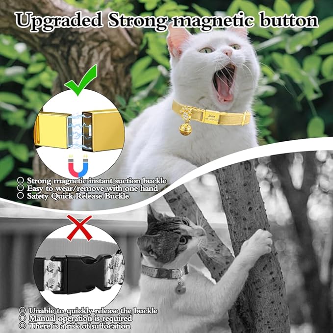 Personalized Breakaway Cat Collars - Magnetic Buckle, Bell - Safety Quick Release, Customized for Girls & Boys Cats- (Velvet-Yellow)