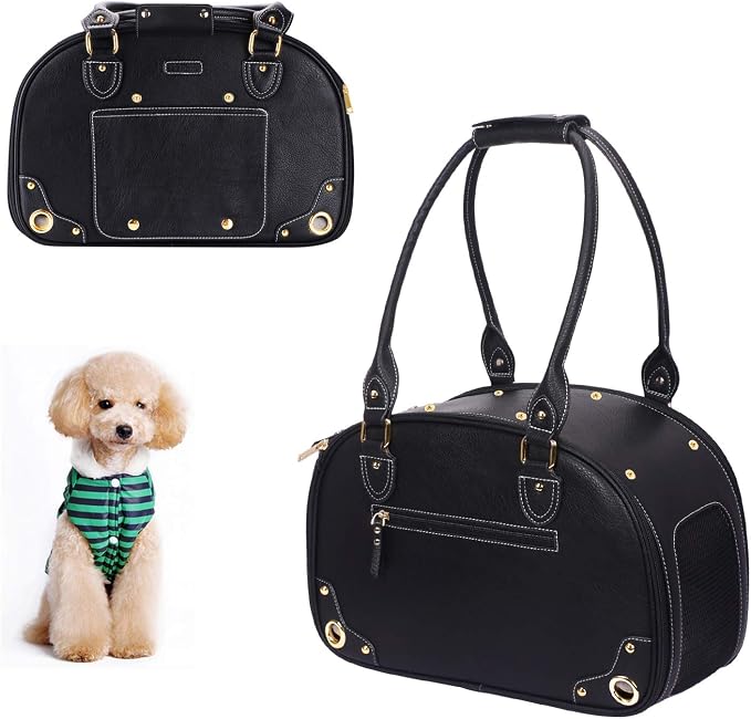 Dog Carrier Purse, Pet Carrier, Foldable Waterproof Premium PU Leather Pet Travel Portable Bag Carrier for Cat and Small Dog Home & Outdoor Small Black