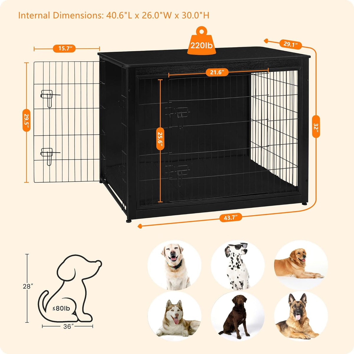 DWANTON Dog Crate Furniture with Cushion, Wooden Kennel Table with Double Doors, Indoor Dog House, Extra Large Size, 43.3" L, Black