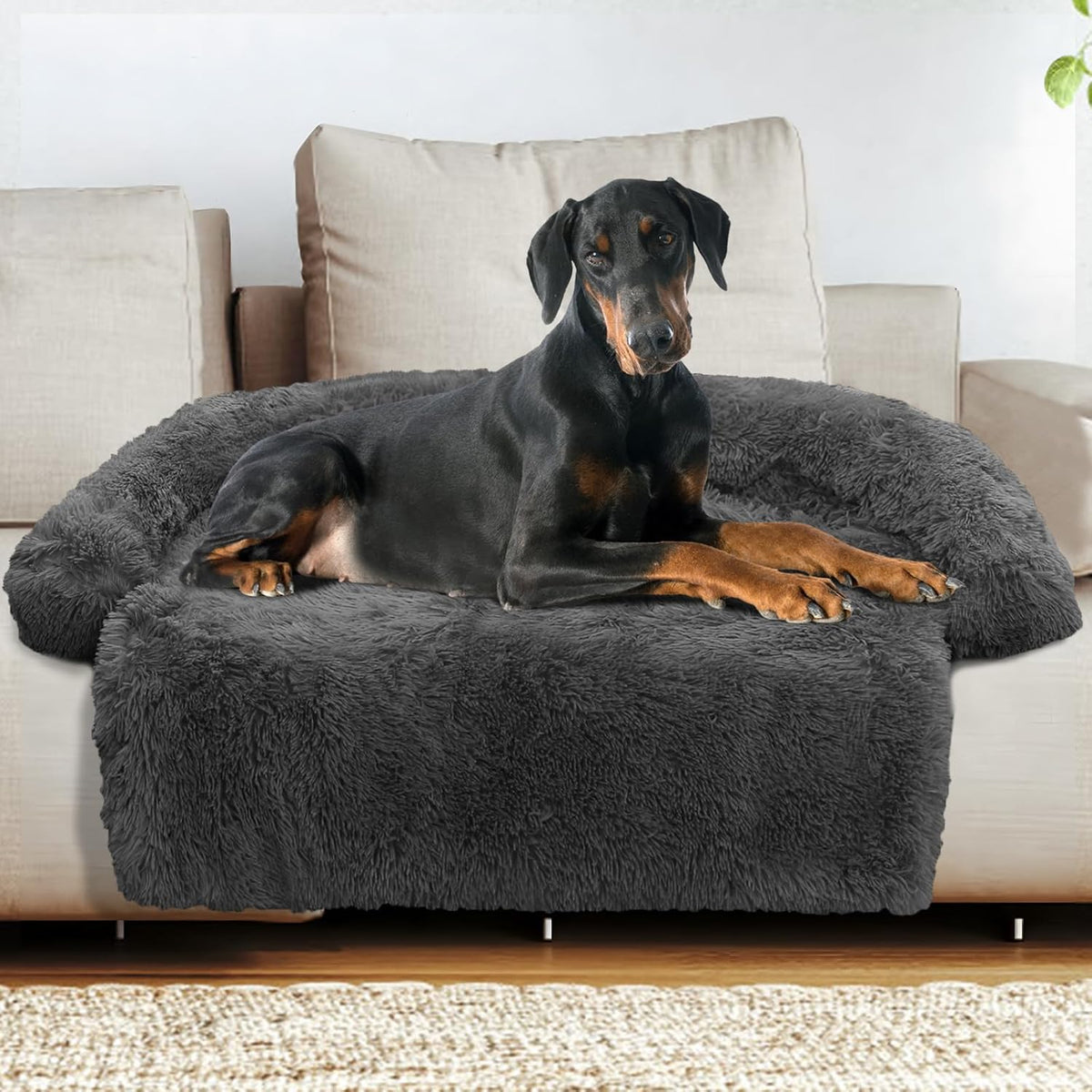 GGIB Calming Dog Bed Fluffy Plush Dog Mat for Furniture Protector with Removable Washable Cover for Large Medium Small Dogs and Cats (Extra Extra Large, Dark Grey)