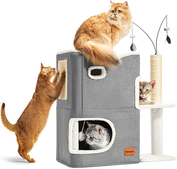Cat Bed Cave for Indoor Cats with Scratch Pad Cat House Condo Adults with Fluffy Ball Cats Hideaway Large 2-Storey Cube Beds for Pets Grey