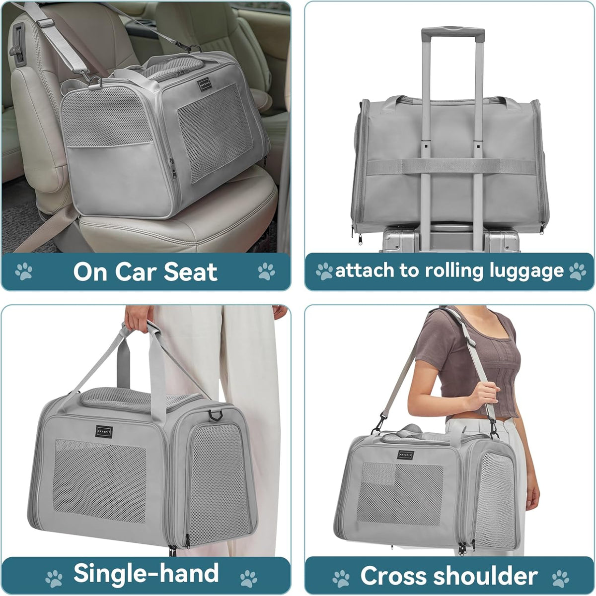 PETSFIT Dog Carrier Cat Carriers for Puppies, Medium Cats up to 25Lbs, Travel Soft Sided Pet Carrier (Large, Grey)