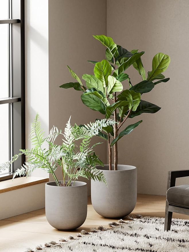 LE TAUCI 10 Inch Plant Pot, Ceramic Pots for Plants with Drainage Hole and Rubber Plug, Plant Pots Indoor for Home Garden Patio Office, Cylinder Flower Planter Pot, Neutral Gray