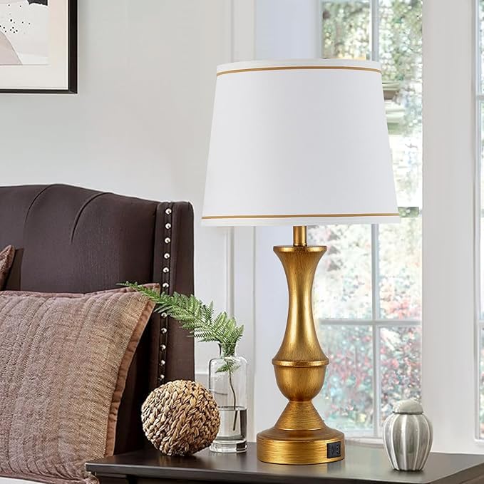 Luvkczc Gold Touch Table Lamps Set of 2, 22" Bedside Lamps with USB C+A Ports,Dimmable Nightstand Lamps with White Lampshade,Table Lamps for Bedroom Living Room Bedroom Office, Bulbs Included