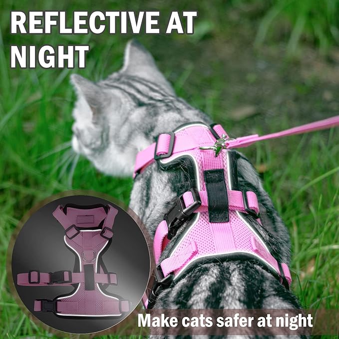 PUPTECK Cat Harness and Leash Set Escape Proof for Walking, Breathable Mash Vest Adjustable Harness for Cats Puppy Small Animals, Reflective at Night, Pink Small