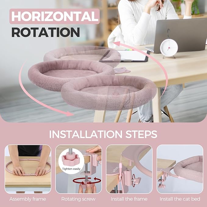 Rotating Cat Desk Bed - 40 LBS Chair-Side Cat Sleeping Basket with Bed for Desk, 360° Swivel & Removable Washable Cushion for Office Comfort(Pink
