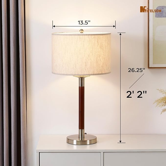 Mid Century Modern Lamp with Dimmable Switch and Bulb, LED Bedside Lamp for Bedroom, Wood Table Lamp for Nightstand, Desk Reading Lamp for Kids Room, Living Room, Office, Walnut Finish