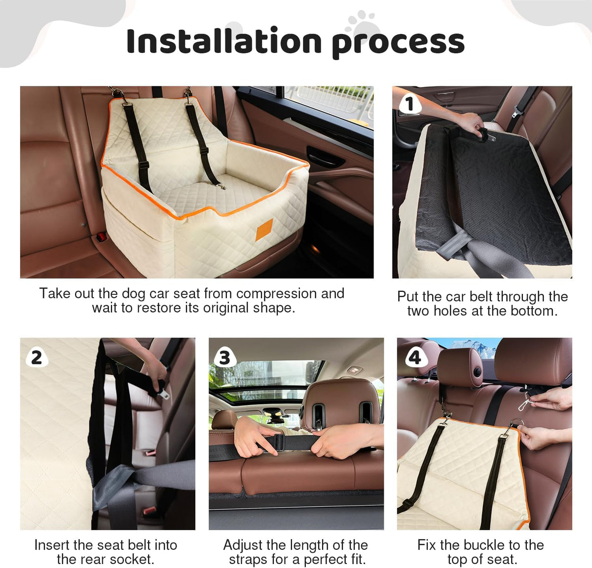 Dog Car Seat for Large/Medium Dog, Booster Seat Under 55Lbs or 2 Small Dogs, Detachable and Washable Travel Pet Seat with Thick Cushion and Storage Pockets (Beige)