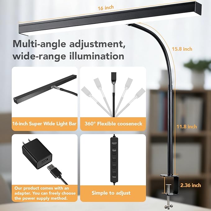 LED Desk Lamp for Office Home, Eye- caring Lamp with 10 Meter Remote Control Function, 5 Modes 10 Brightness Adjustable Desk Light Flexible Gooseneek Clip - on Light for Studying, Workbench (black)