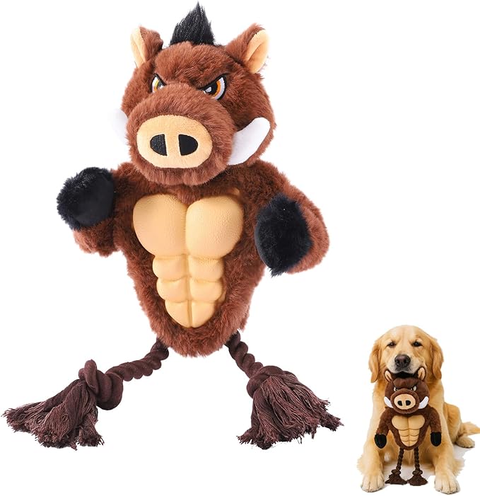 Extremely Durable Boar Chew Toy for Aggressive Chewers - Squeaky Rubber Chest & Rope Tug Legs for Large Breed Dogs