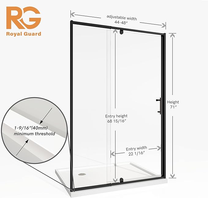 44-48" W x 71" H Pivot Shower Door, Pivot Semi-Frameless Swing Glass Shower Door