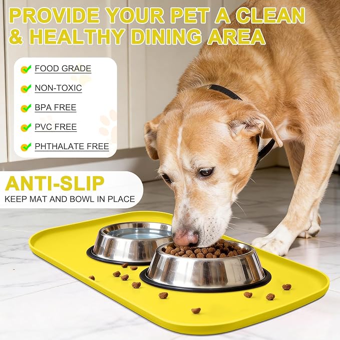 SMILOOL Waterproof Silicone Pet Food Mat with Raised Edge for Dog & Cat | 24" x 16" Non-Slip Pet Feeding Mats with Lip for Food & Water Bowl, Food Grade, Easy Cleaning, Light Yellow