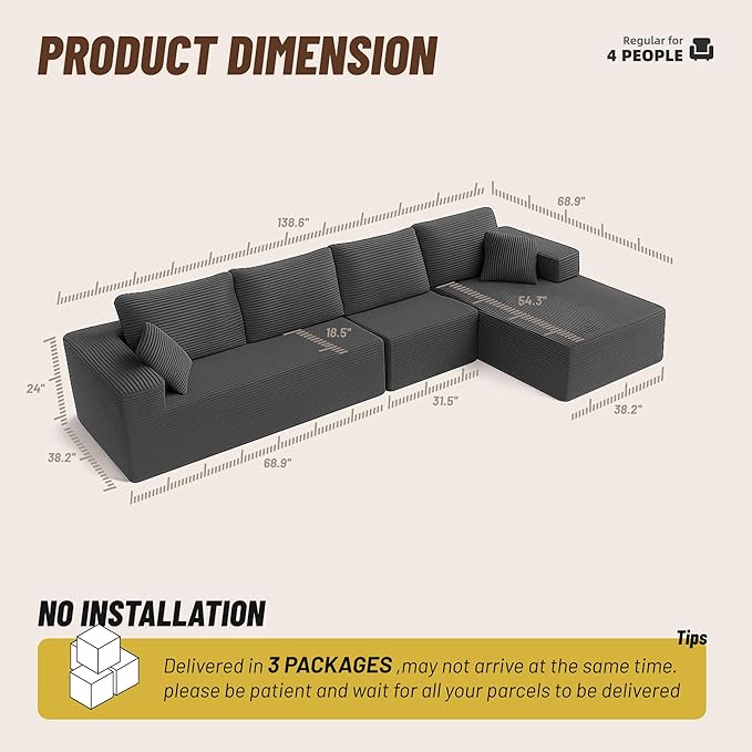 138" Boneless Couch with Deep Seat, Modular Sectional Sofa, Cloud Sectional Couch for Living Room, No Assembly Required, Corduroy, 4 Seater L-Shape Right, Grey