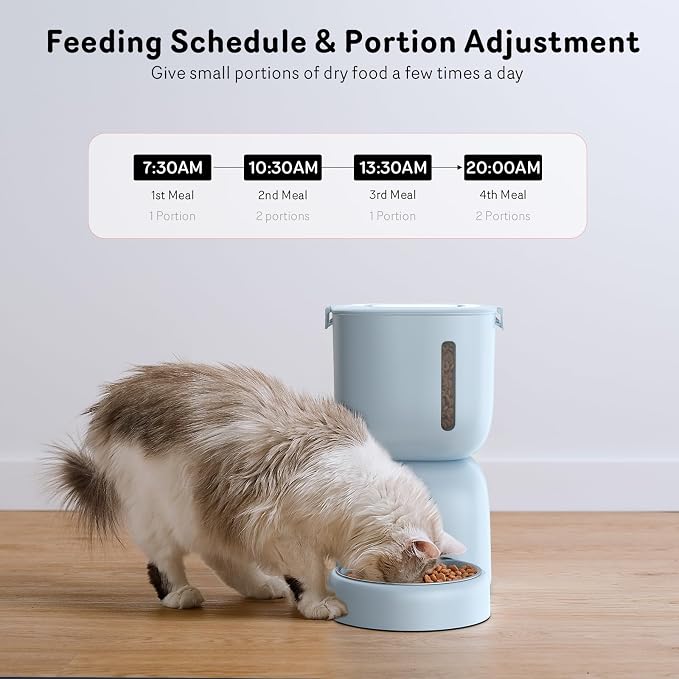 Automatic Cat Feeder and Water Dispenser FW1, Wire or Battery Cat Food Dispenser Timer Pet Feeder - Locking Lid, Desiccant Bag, Programmable Portion Control, 4 Daily Meals, 10s Voice Recorder-Blue
