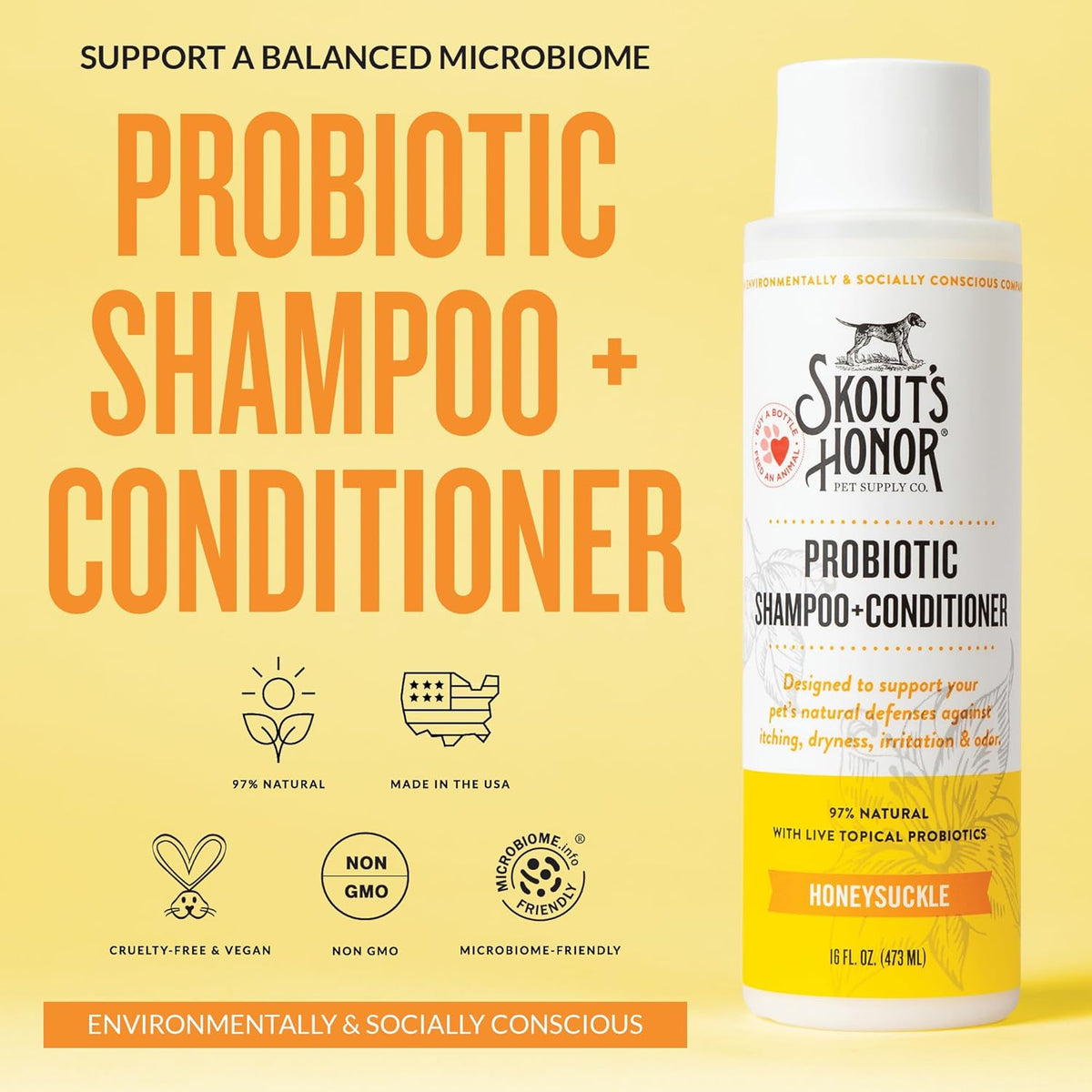 Skout's Honor Probiotic Dog Shampoo & Conditioner with Avocado Oil & Omega-3s, 97% Natural, Paraben & Sulfate-Free, Cruelty-Free, 16oz, Honeysuckle 2-Pack