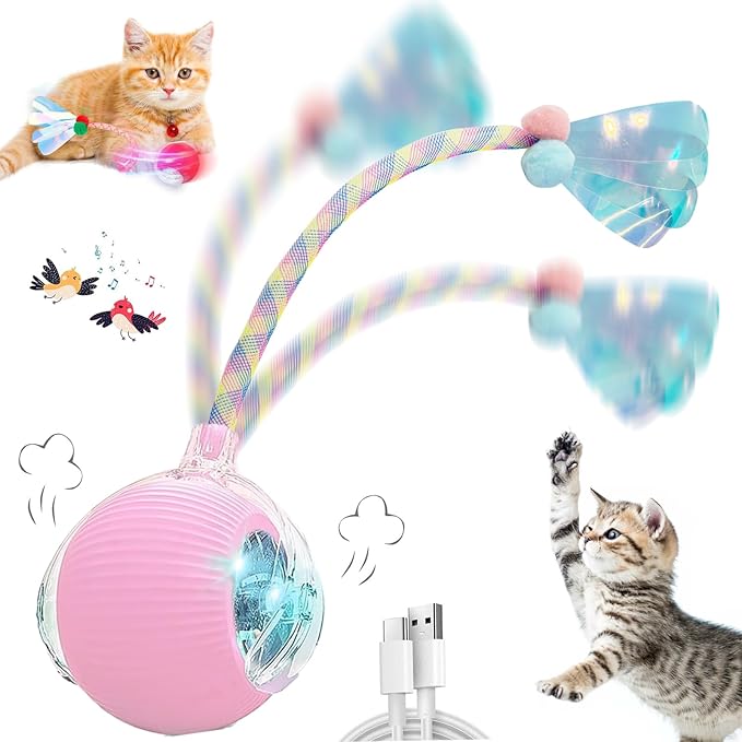 Interactive Cat Toys for Indoor Cats, Automatic Cat Toy with Elastic Mesh Tail, Electric Rolling Ball on Carpet, Chirping and Motion Activate Cat