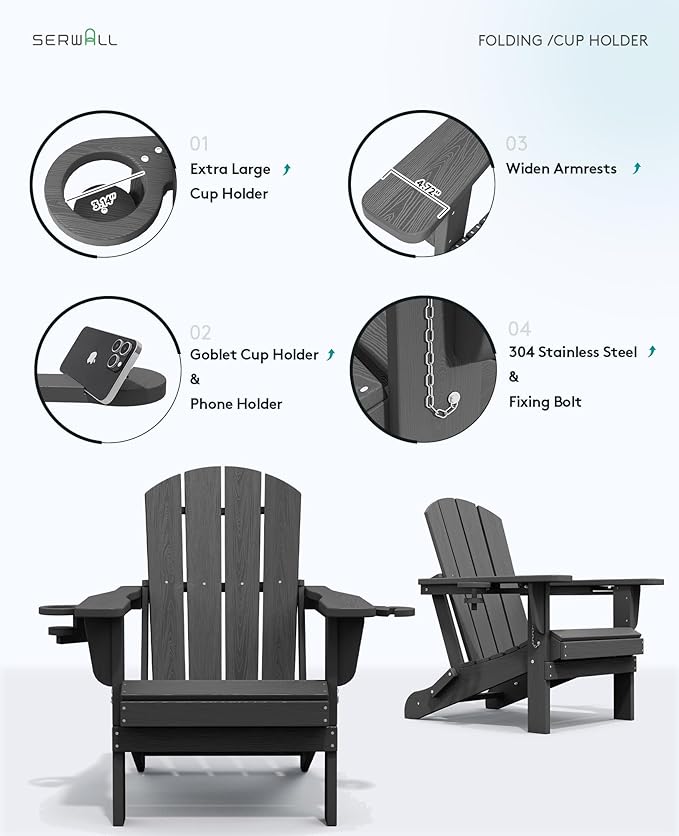 SERWALL 5-Piece Outdoor Round Coffee Table Set - 1 Table & 4 Adirondack Chairs with Cup Holders (Gray)
