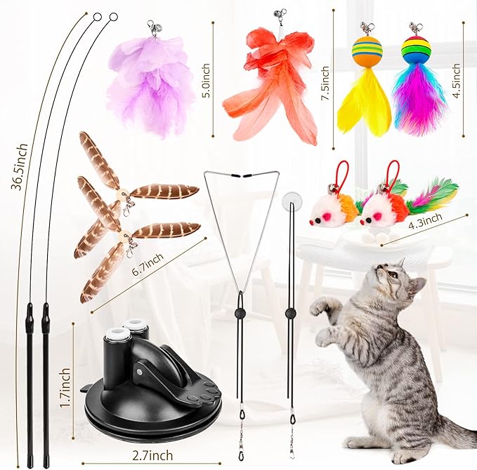 Cat Toys Wand, Interactive Cat Toy with Super Suction Cup Sticky Detachable 12 PCS Feather Replacements 2 Wands Cat Spring Feather Toys for Indoor Cats Kitten Toys (8 Toys Double Headed)