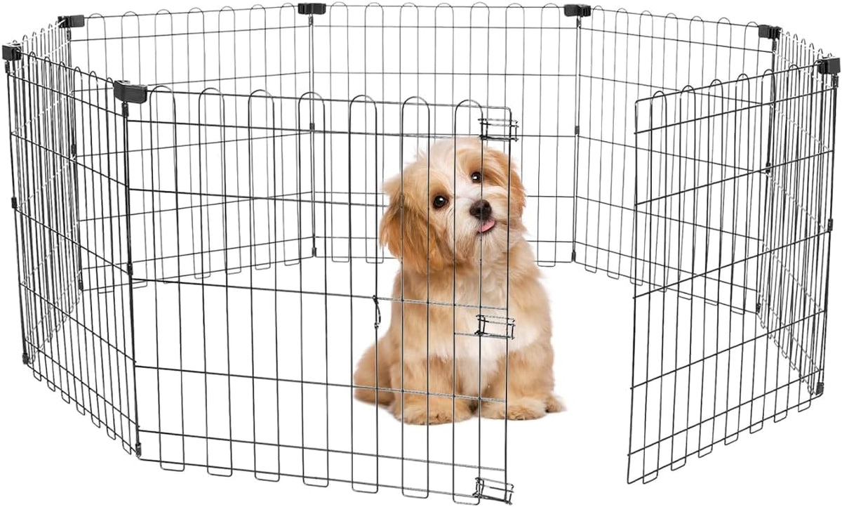 Foldable Dog Playpen 24" Height 8 Panels Metal Exercise Pen No Door - Indoor/Outdoor Puppy Playpen for Small Dogs, Portable Pet Fence for Yard Garden Camping, Black