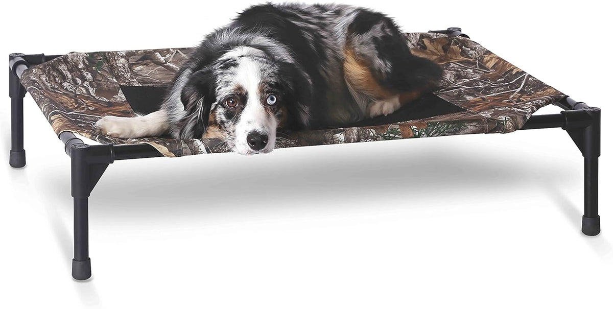 K&H Pet Products Outdoor Elevated Dog Cot, Breathable Cooling Elevated Cot Hammock Pet Bed for Medium Dogs, Washable Mesh Cover, Raised Metal Frame, Collapsible, Portable - Medium 32 X 25in Camo
