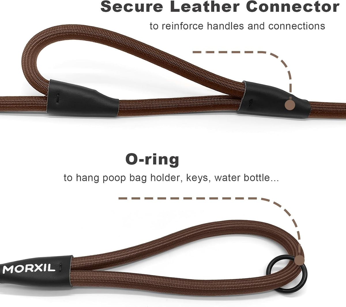 Rope Dog Leash with Two Handles, 6 Foot Heavy Duty Dog Leash with Aviation Aluminum Auto Locking Carabiner, Strong Nylon Pet Lead for Small, Medium, Large Dogs (Brown, 6FT-Two Handle)