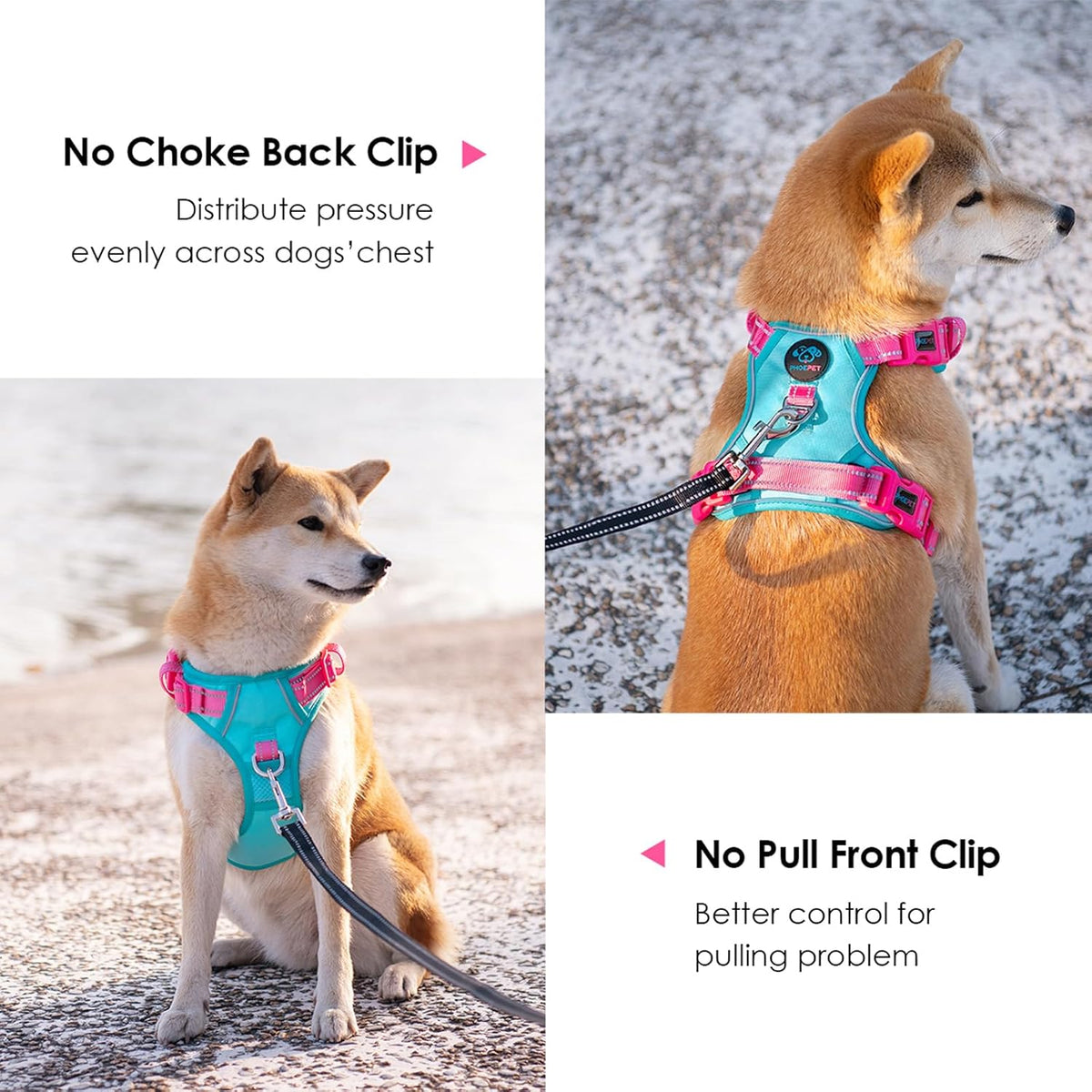 PHOEPET No Pull Dog Harness, Unique Colors Reflective Adjustable Dog Vest, with Soft Training Handle Metal Clips for Small Medium Large Dogs (Mint Green Base & Pink Straps,M)