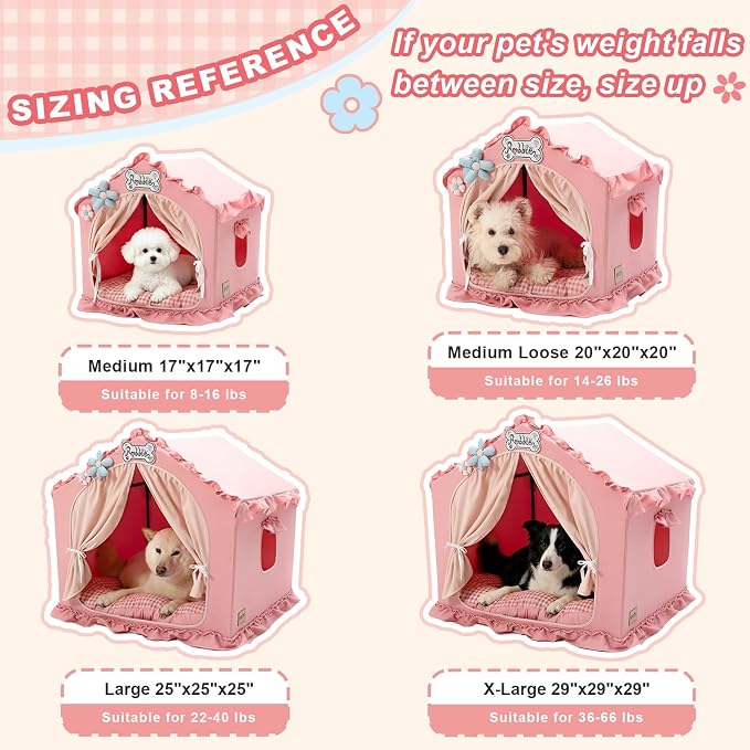 Indoor Dog House with Frame,Cute Dog Tent Bed with Cover Cave,Pink | Breathable,Washable,and Foldable House, Suitable for 22-40 Lb, Large (25"×25"×25"),Inside Dog House