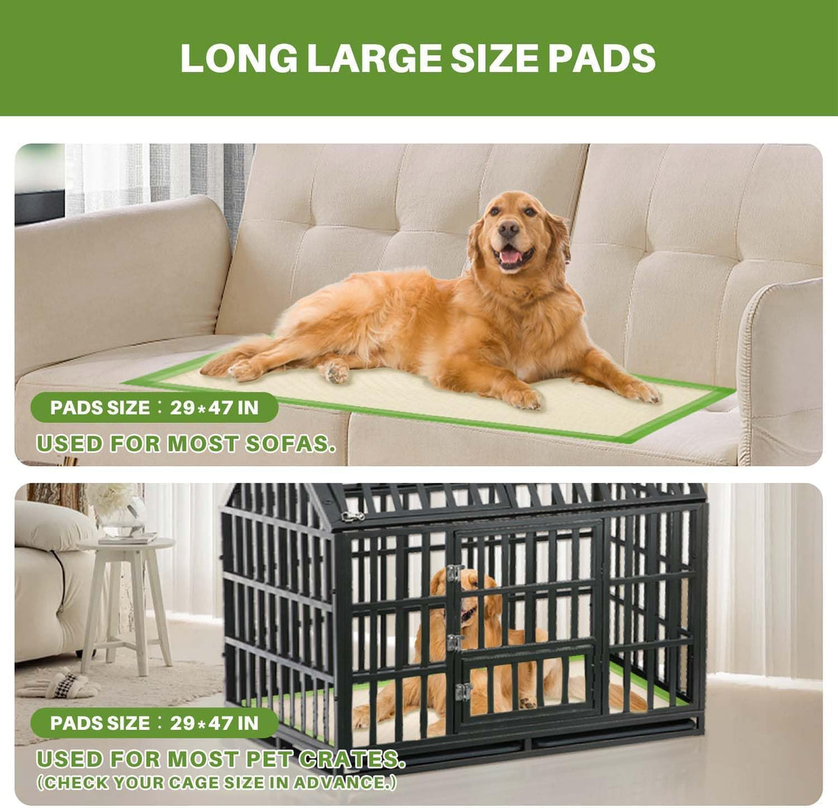 Gardner Pet Dog Pee Pads Extra Large 29"x47", XL Thicker ECO Green Disposable Puppy Training Pads Super Absorbent Full Edge-Wrapping Pad for Dogs, Puppies, Cats, Rabbits (50 Count)