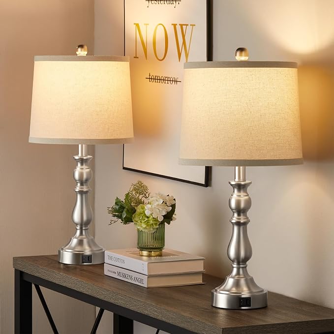 Farmhouse Side Table Lamps for Living Room Set of 2 with USB C+A Ports, Bedside Lamp for Bedroom, Dining Room Decor, Office, End Table, Knob Switch, 3 Color Temperatures, Bulb Included, Silver