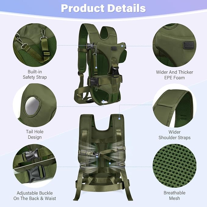 YUDODO Front Pet Carrier Backpack for Small Dog, Legs Out Dog Chest Carrier | Safety Belt, Ergonomic Support, Hands Free, Durable & Comfortable, For Walking Hiking Cycling, Army Green, M