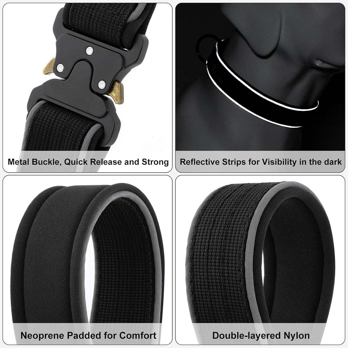 Plutus Pet Tactical Dog Collar, Reflective, Adjustable Heavy Duty Dog Collar, Soft Padded and Comfortable, for Small Medium and Large Dogs (Black, L)